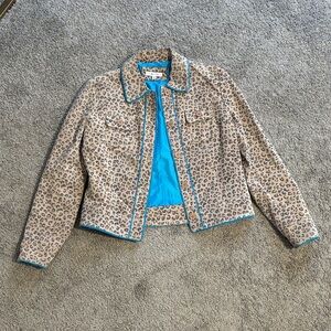 Vintage Yvonne Marie Leopard/Blue Print Leather Jacket, Size 4